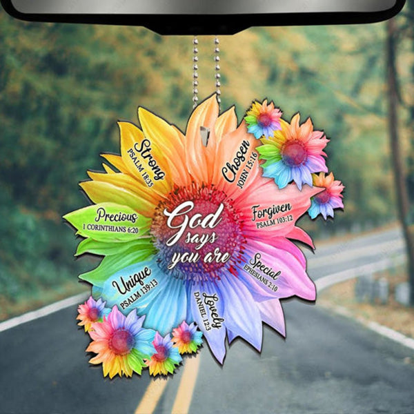 Rainbow Sunflowers God Says You Are Acrylic Car Ornament, Perfect Christmas Gift For Family, Friends
