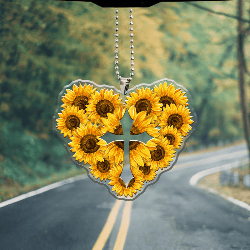 Sunflower Heart Cross Acrylic Car Ornament, Perfect Christmas Gift For Family, Friends