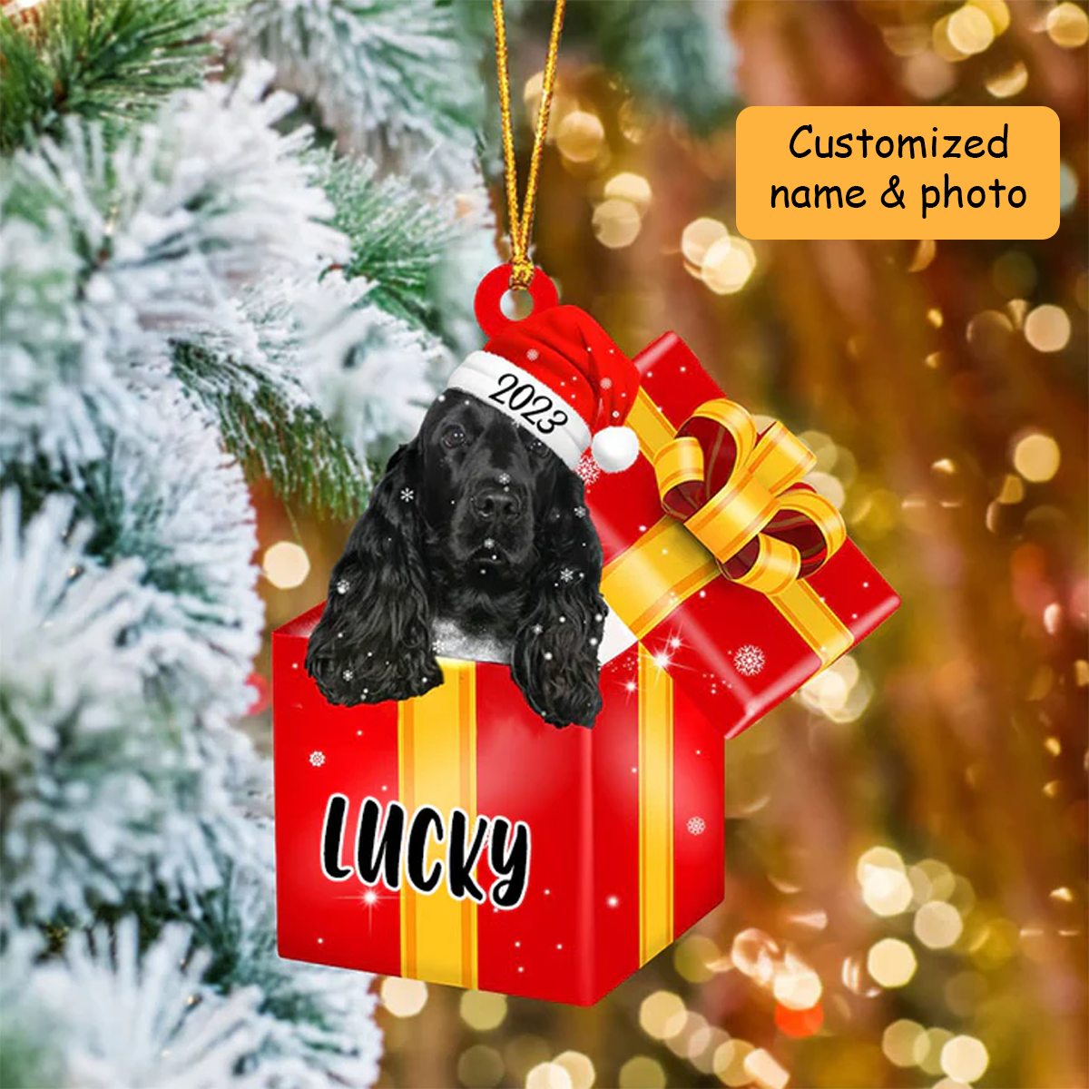 Personalized English Cocker Spaniel In Red Gift Box Acrylic Ornament Christmas Gift Ornament For Dog Lovers, Pet Lovers
