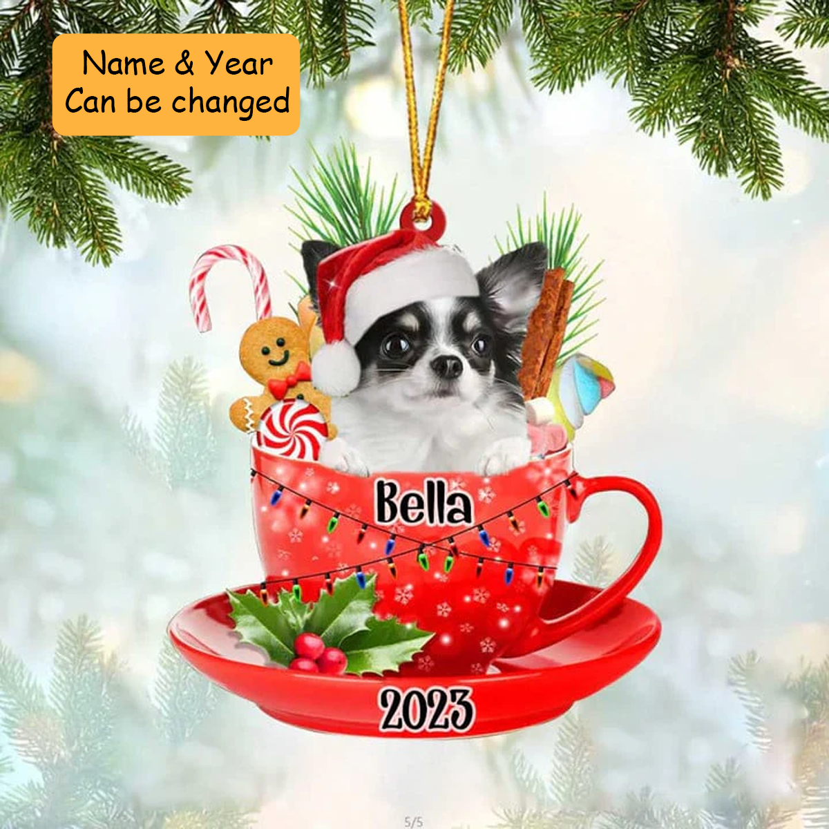 Customized Long Haired White Chihuahua Dog Santa Hat In Red Cup Acrylic Ornament, Christmas Gift Ornament for Dog Lover