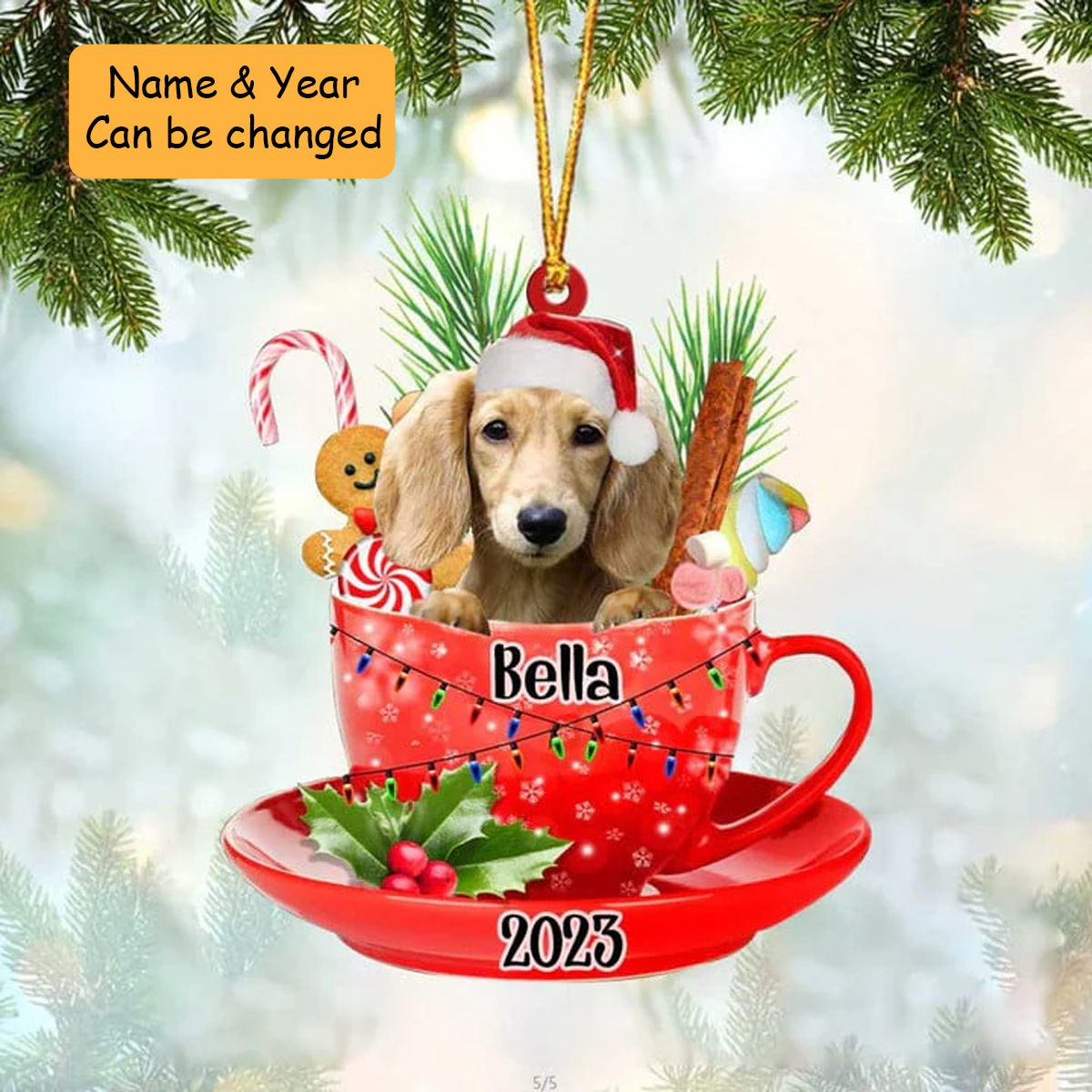 Customized Cream Long Haired Dachshund Dog Santa Hat In Red Cup Acrylic Ornament, Christmas Acrylic Ornament for Dog Lover