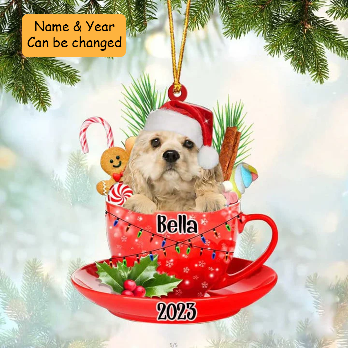 Customized Cream American Cocker Spaniel Dog Santa Hat In Red Cup Acrylic Ornament, Christmas Gifts Ornament for Dog Lover