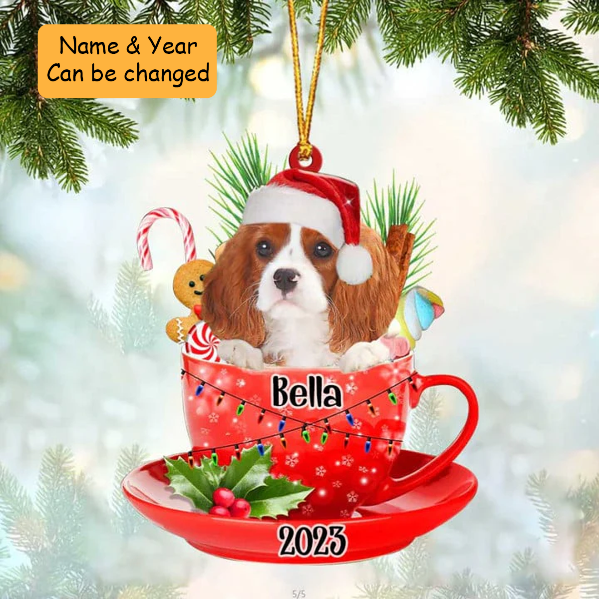 Customized Cute Cavalier King Charles Spaniel Dog Santa Hat In Red Cup Acrylic Ornament, Christmas Gifts Ornament for Dog Lover