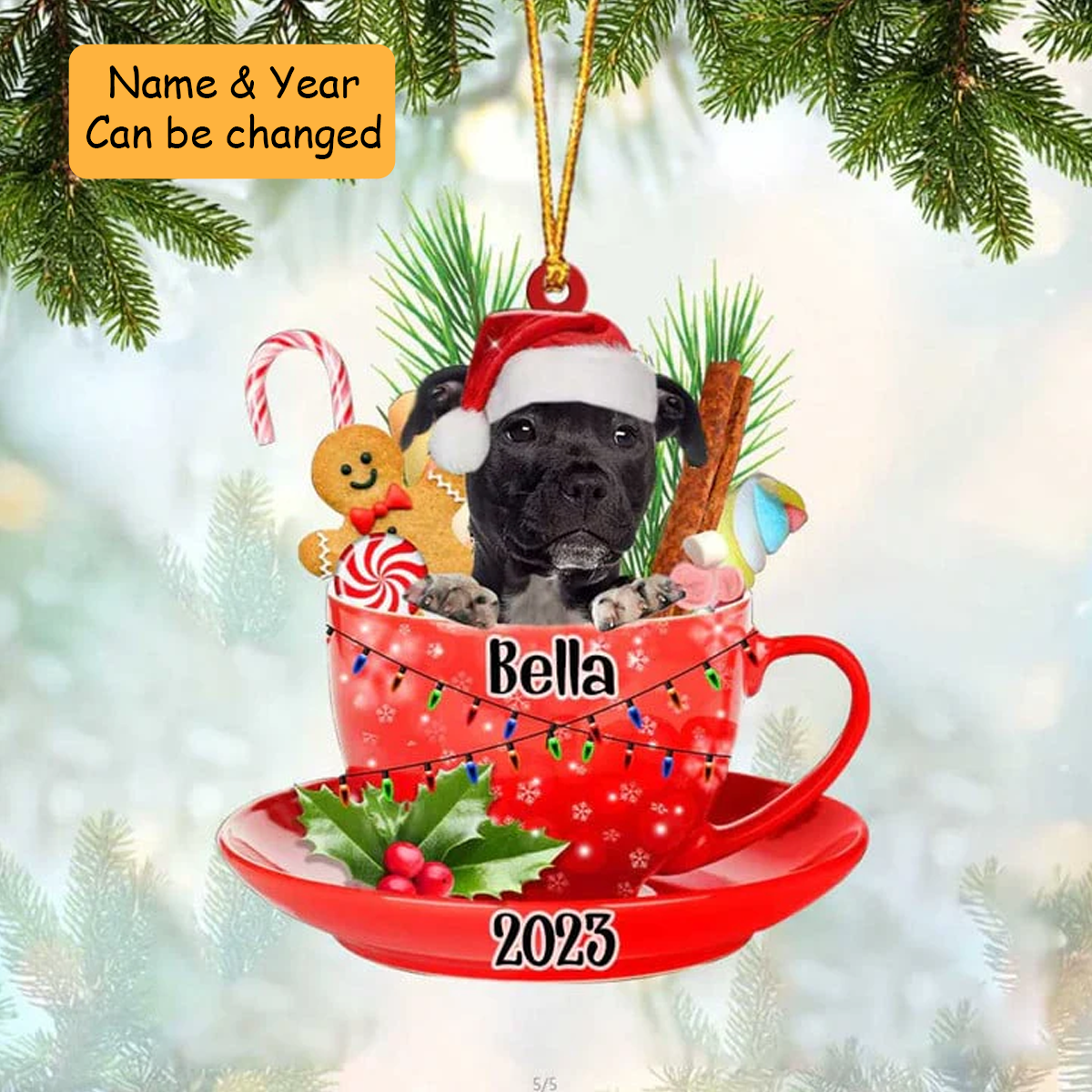 Customized Black American Staffordshire Terrier & Santa Hat In Red Cup Acrylic Ornament, Christmas Gifts Ornament for Dog Lover