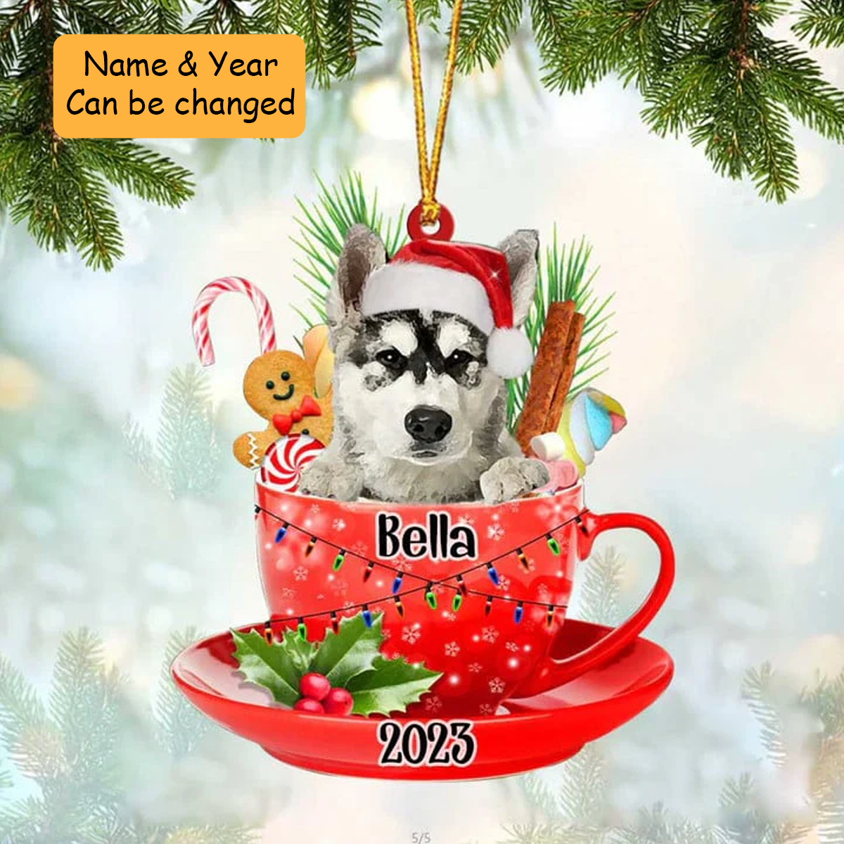 Customized Alaskan Malamute Dog Santa Hat In Red Cup Acrylic Ornament, Christmas Gifts Ornament for Dog Lover