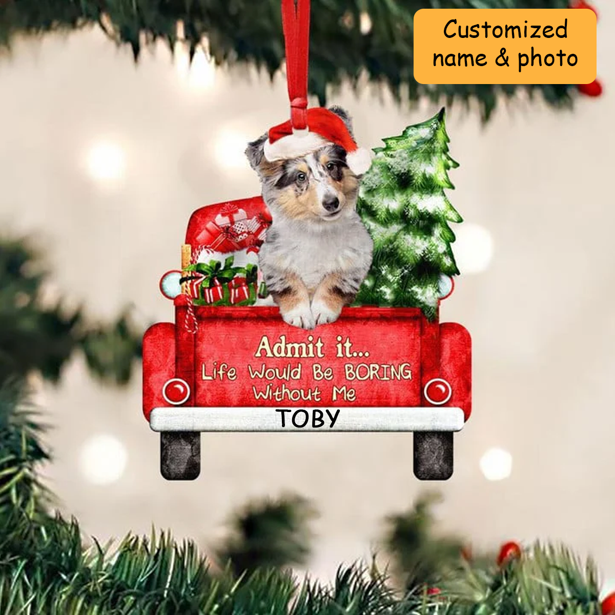Customized Shetland Sheepdog Dog On The Red Truck Acrylic Christmas Ornament, Christmas Gift For Dog Lovers, Dog Owners