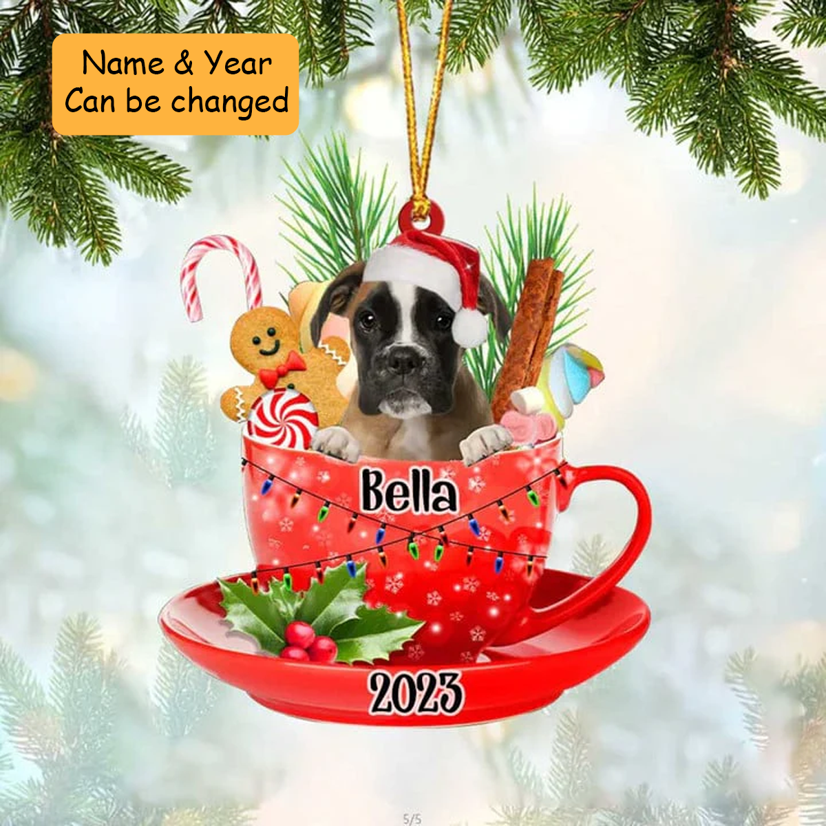 Customized Brown Boxer Dog Santa Hat In Red Cup Acrylic Ornament, Personalized Ornament Gift For Christmas