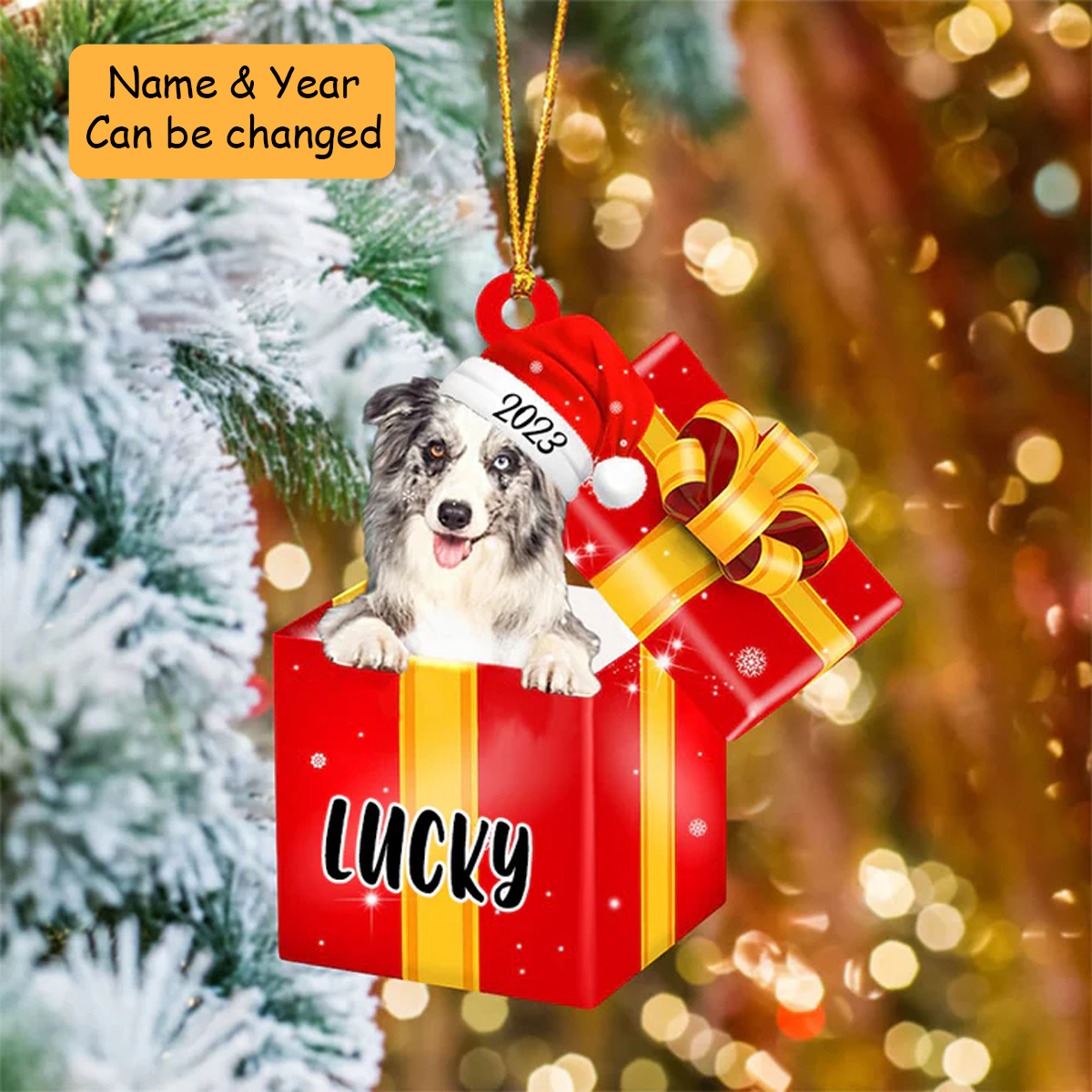 Customized Border Collie In Red Gift Box Acrylic Ornament, Personalized Ornament Gift For Christmas