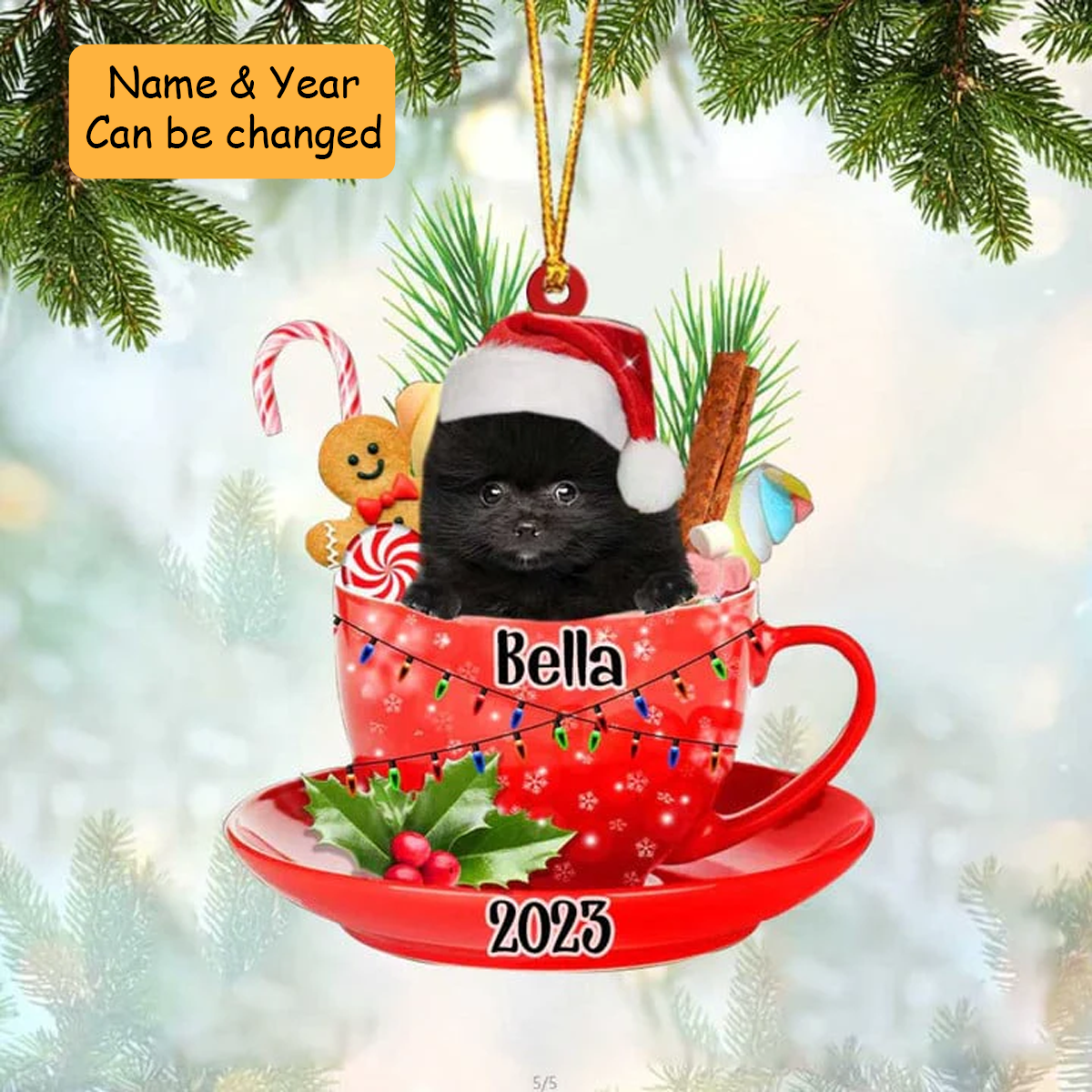 Customized Black Pomeranian Dog Santa Hat In Red Cup Acrylic Ornament, Custom Ornament Gift For Christmas
