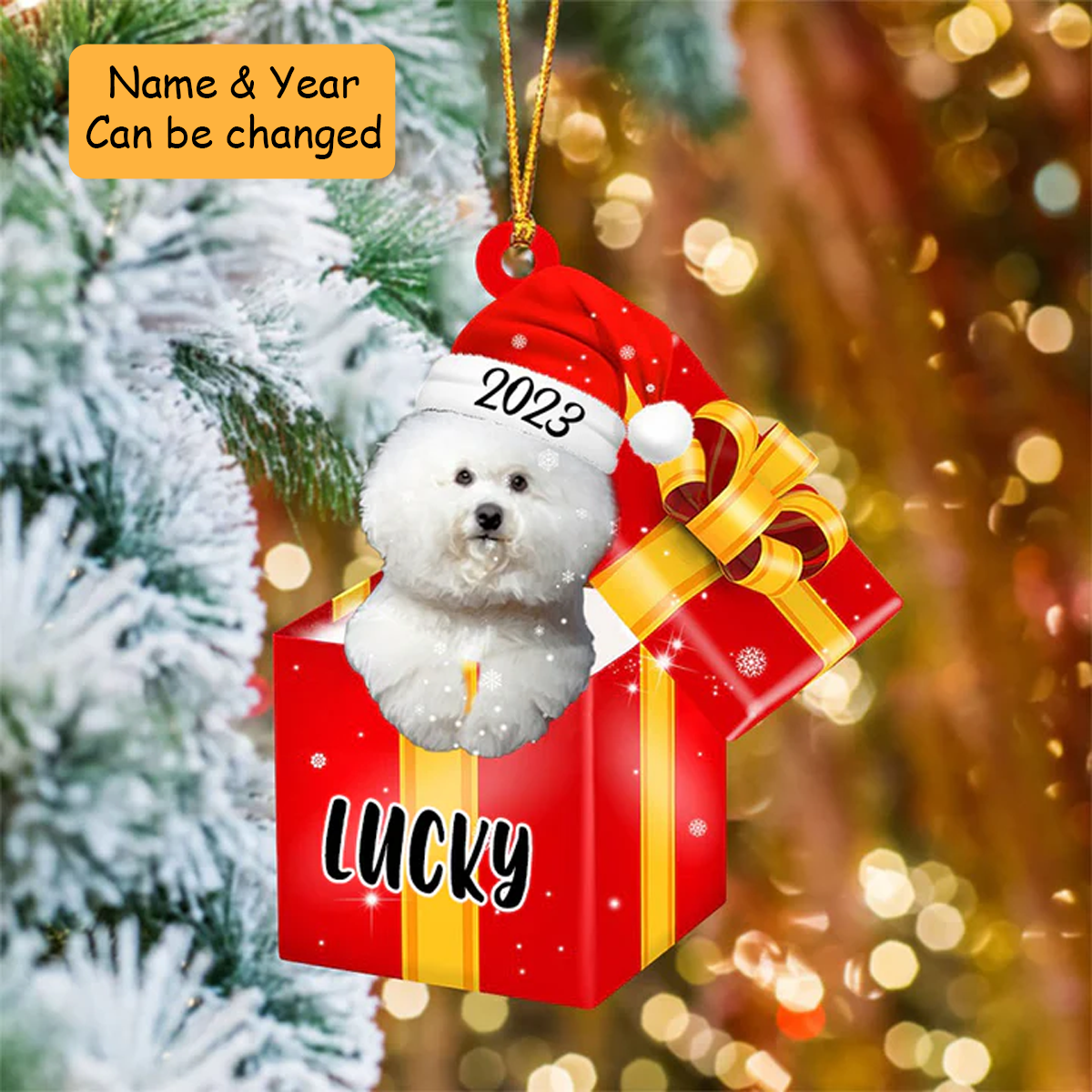 Customized Bichon Frise In Red Gift Box Acrylic Ornament, Custom Ornament Gift For Christmas