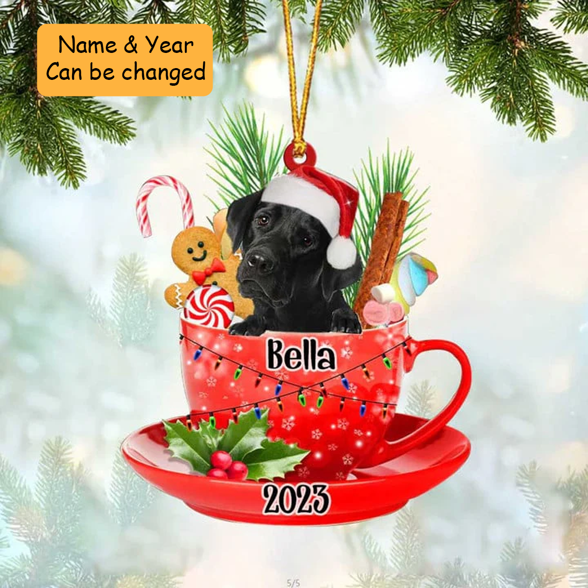 Customized Black Labrador & Santa Hat In Red Cup Acrylic Ornament, Custom Ornament Gift For Christmas