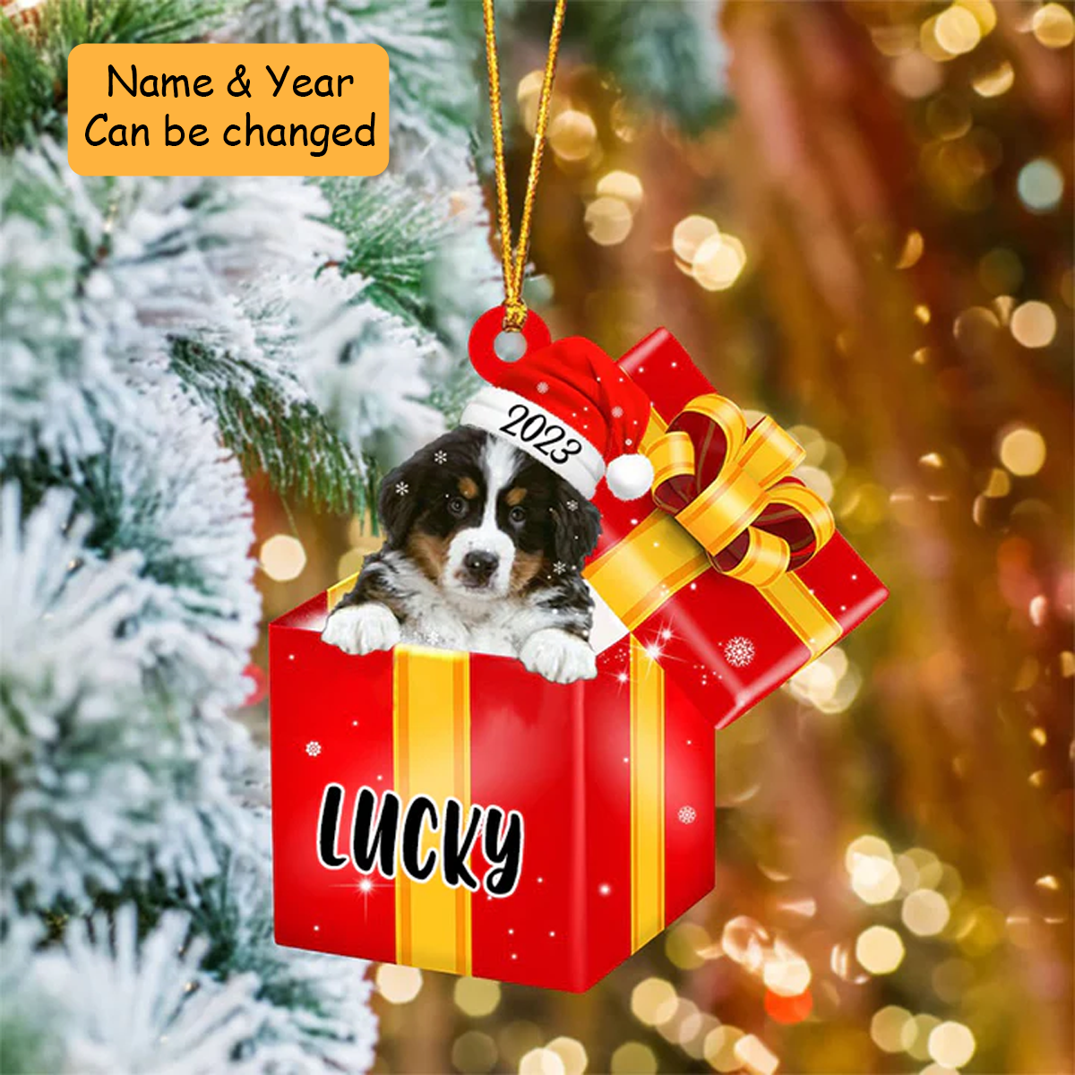 Customized Bernese Mountain In Red Gift Box Acrylic Ornament, Personalized Gift For Christmas
