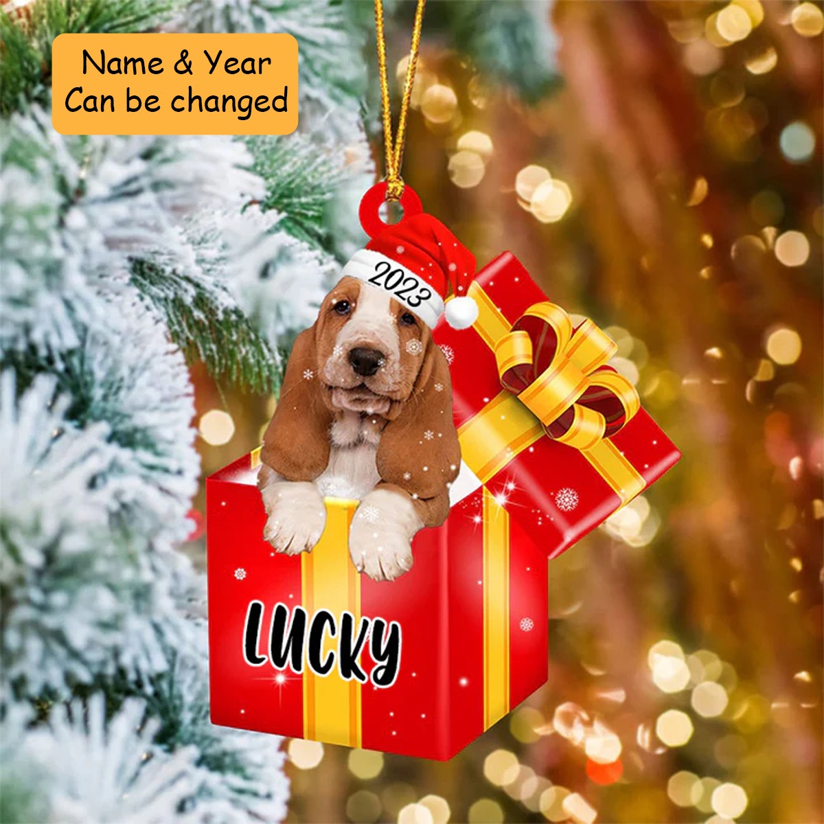 Customized Basset Hound In Red Gift Box Acrylic Ornament, Custom Gifts For Christmas