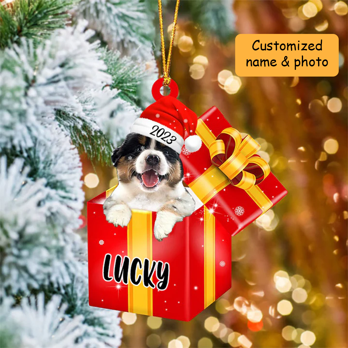 Customized Australian Shepherd In Red Gift Box Acrylic Ornament, Custom Gifts For Christmas