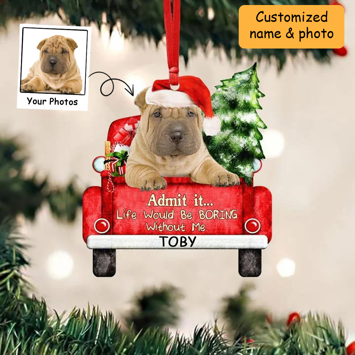 Customized Shar Pei Dog On The Red Truck Acrylic Christmas Ornament, Christmas Gift For Dog Lovers, Dog Owners