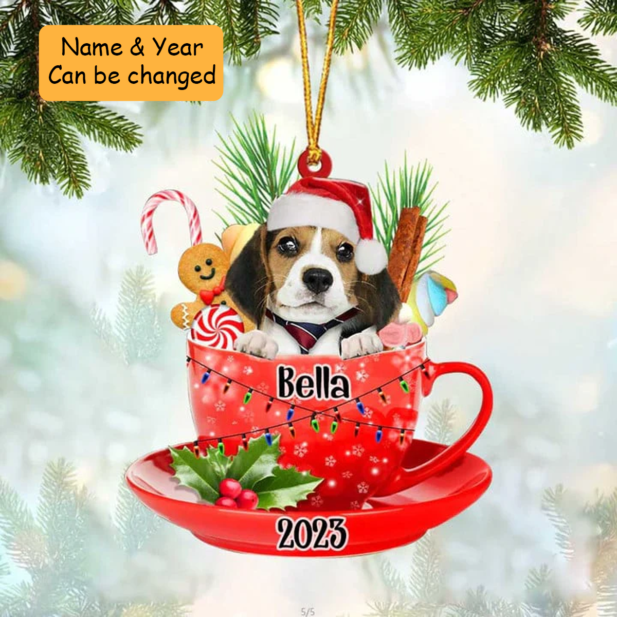 Customized Cute Beagle & Santa Hat In Red Cup Acrylic Ornament, Christmas Gifts Ornament for Dog Lover