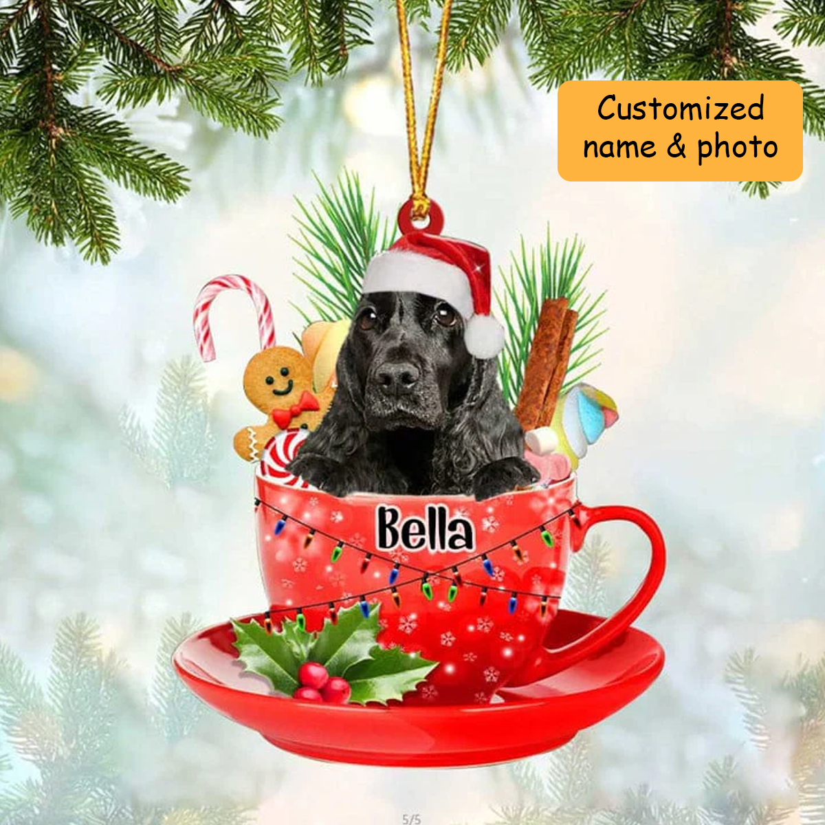 Customized Black English Cocker Spaniel Dog Santa Hat In Red Cup Acrylic Ornament, Personalized Gifts For Christmas Dog Mom
