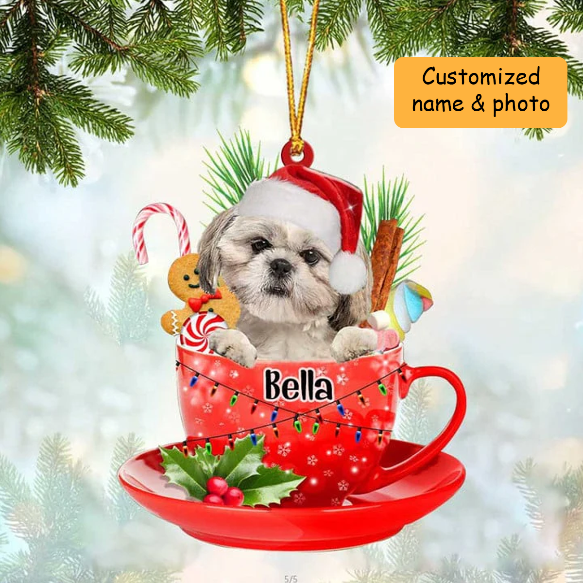 Customized Cream Shih Tzu Dog Santa Hat In Red Cup Acrylic Ornament, Personalized Gifts For Christmas Dog Mom