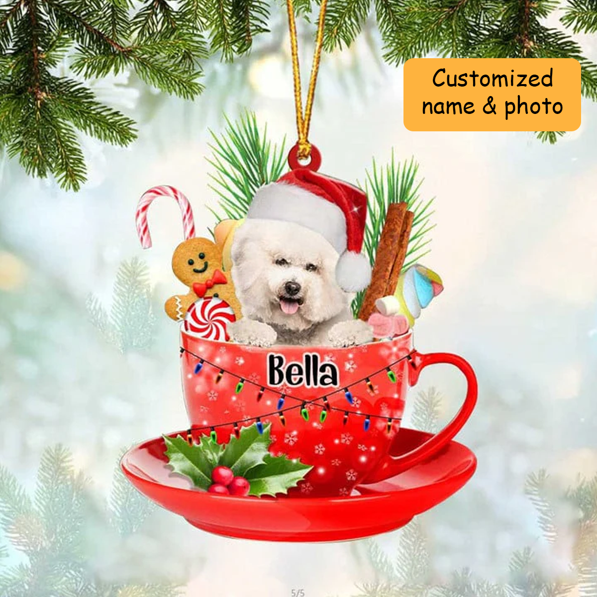 Customized Cream Bichon Frise & Santa Hat In Red Cup Acrylic Ornament, Personalized Gifts For Christmas Dog Mom