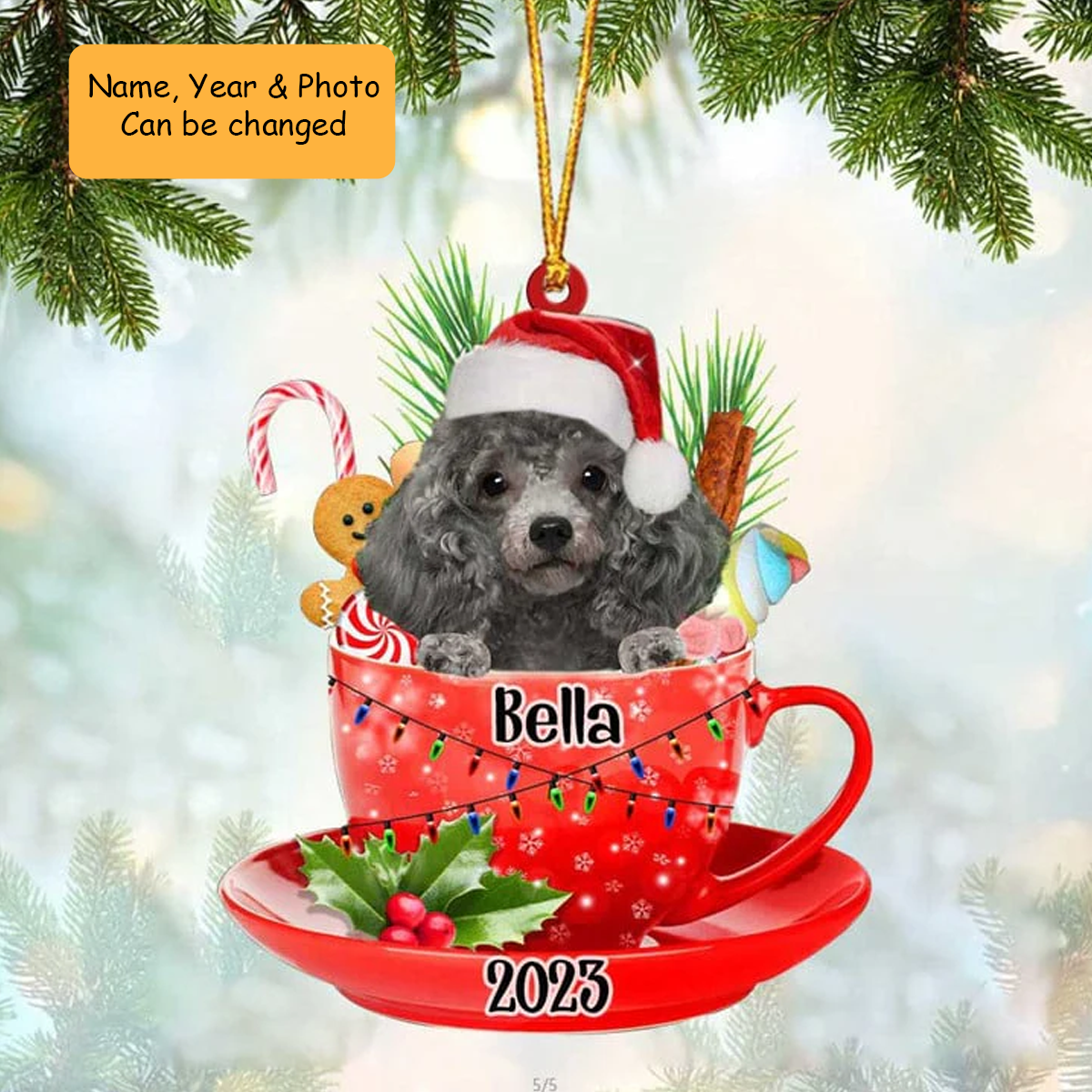 Customized Silver Miniature Poodle & Santa Hat In Red Cup Acrylic Ornament, Personalized Gifts For Christmas Dog Mom