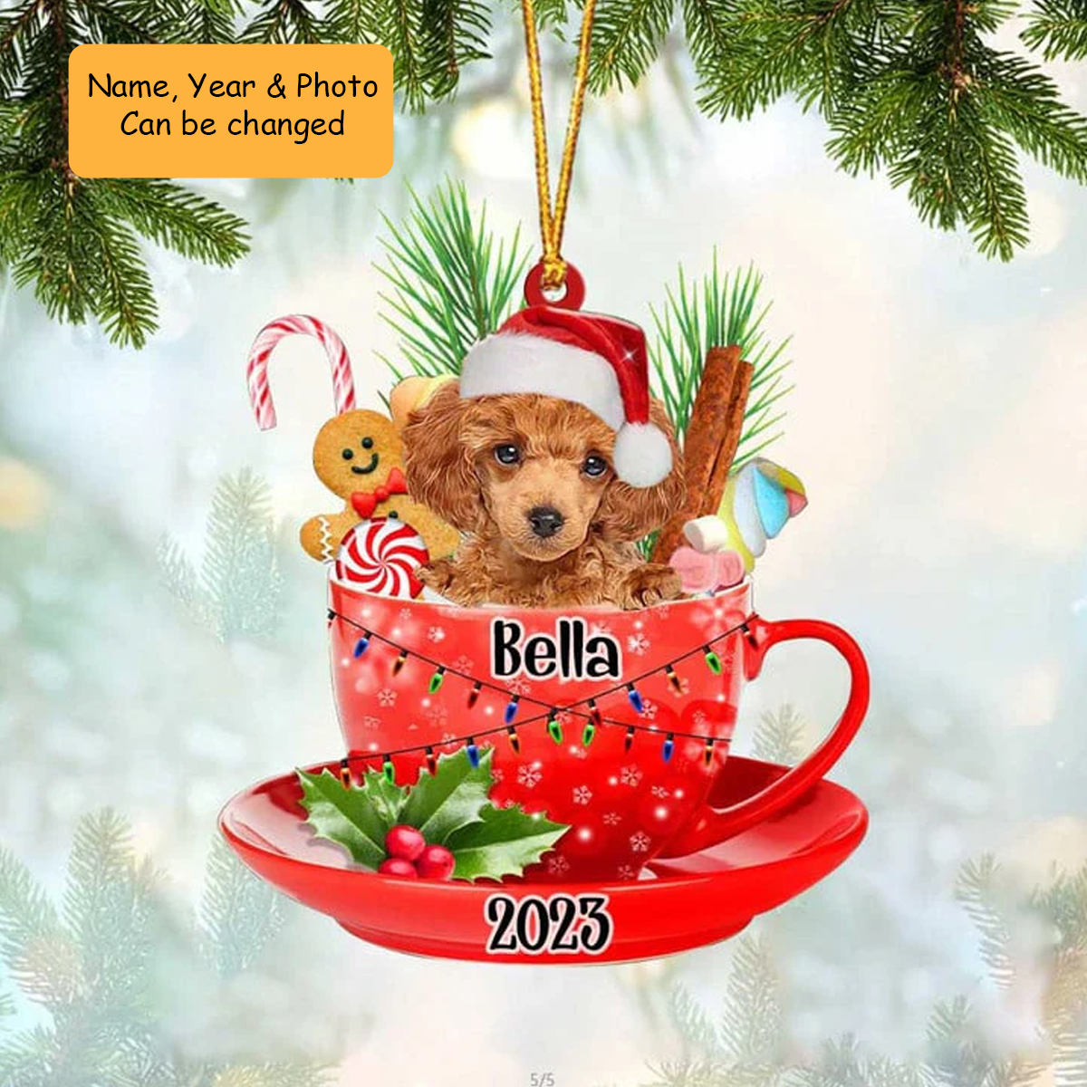 Customized Red Toy Poodle & Santa Hat In Red Cup Acrylic Ornament, Personalized Gifts For Christmas Dog Mom