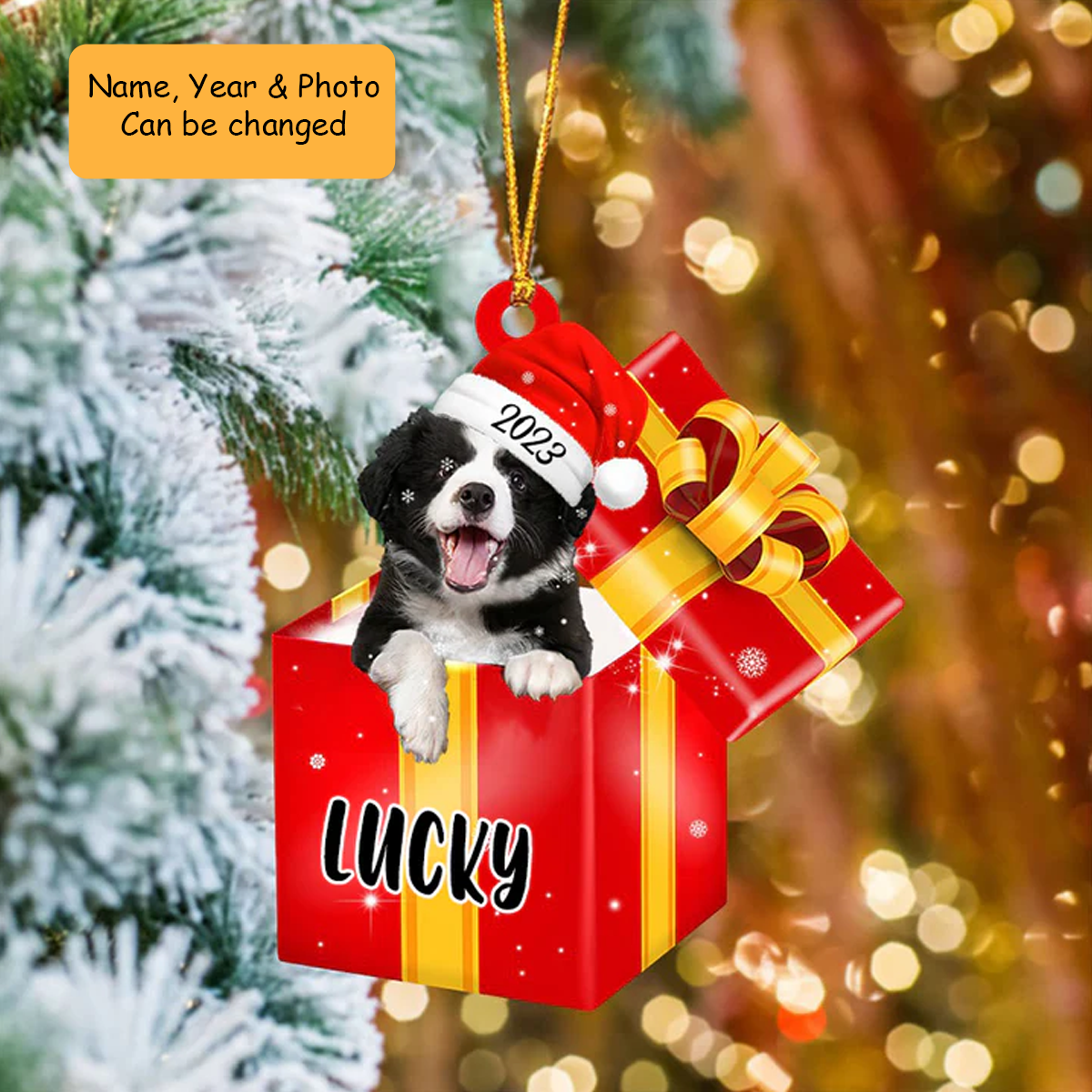 Customized Border Collies In Red Gift Box Acrylic Ornament, Personalized Gifts For Christmas Dog Mom