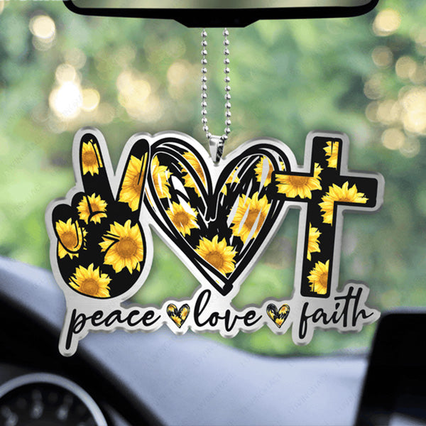 Sunflower Peace Love Faith Acrylic Car Ornament, Perfect Christmas Gift For Family, Friends