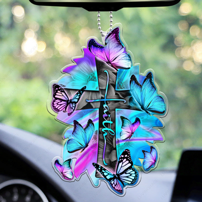 Hologram Butterfly Cross Faith Blue Purple Acrylic Car Ornament, Perfect Christmas Gift For Family, Friends