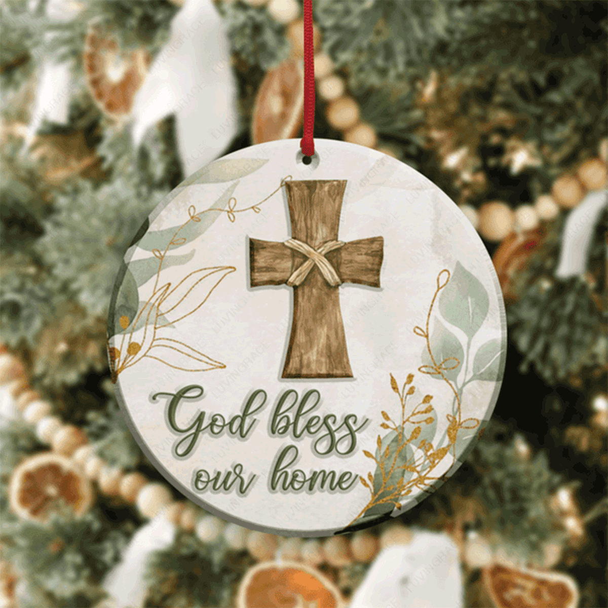 Vintage Christmas Floral Cross God Bless Acrylic Ornament For Christian, God Faith Believers, Christmas Holiday Decor