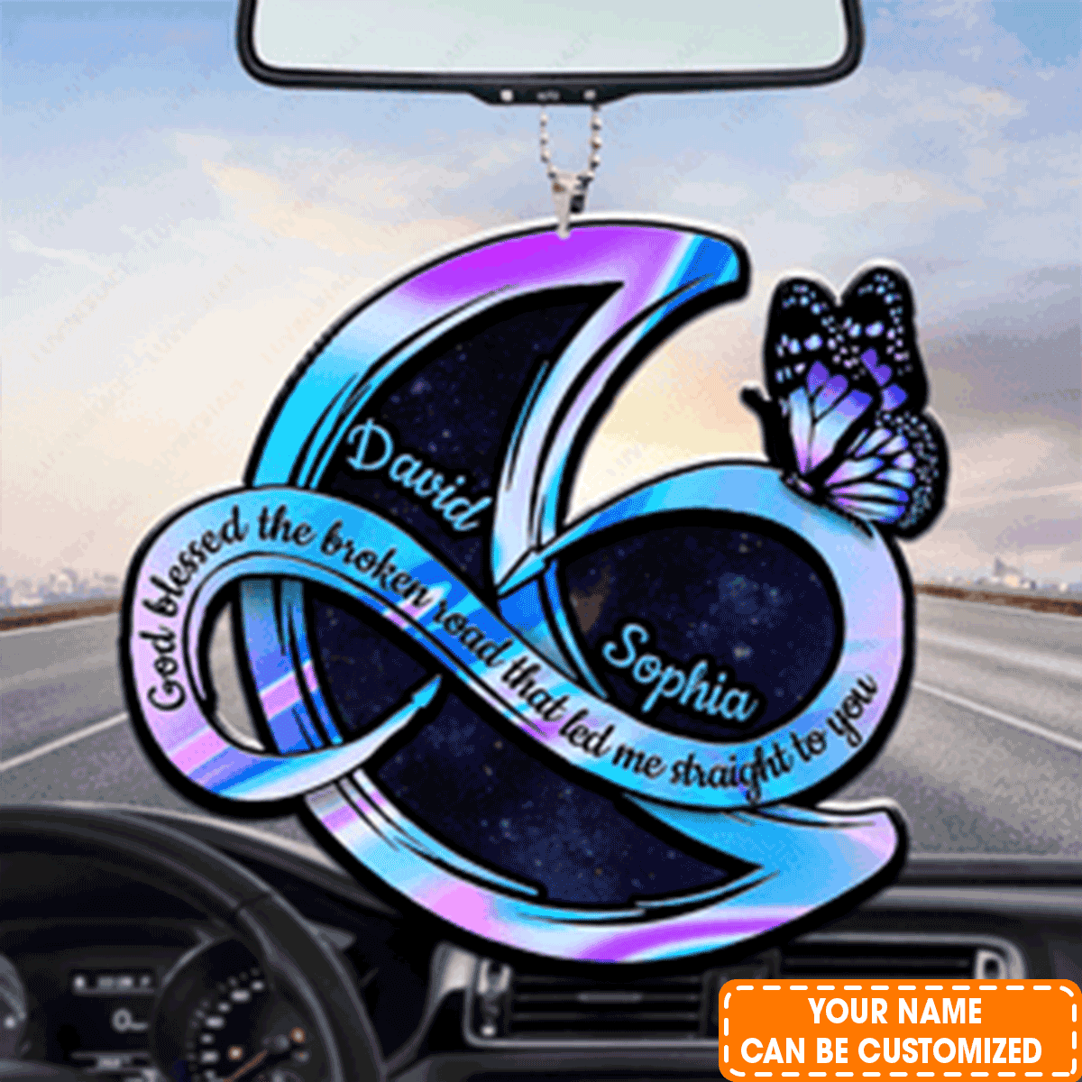 Personalized Couple Infinity Moon And Butterfly God Blessed Acrylic Car Ornament, Perfect Christmas Gift For Couple