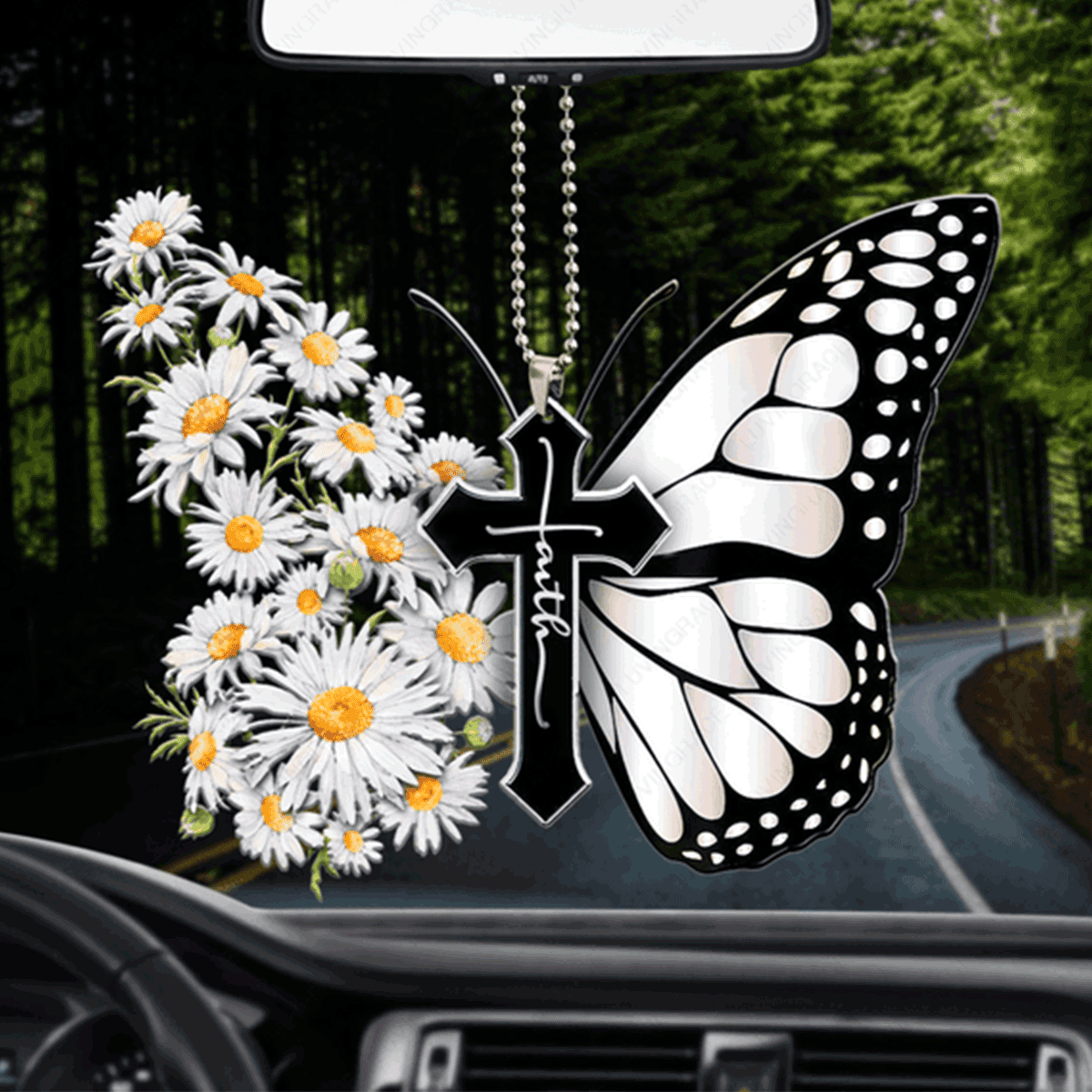 Daisy Butterfly Faith Cross Acrylic Car Ornament, Perfect Christmas Gift For Family, Friend