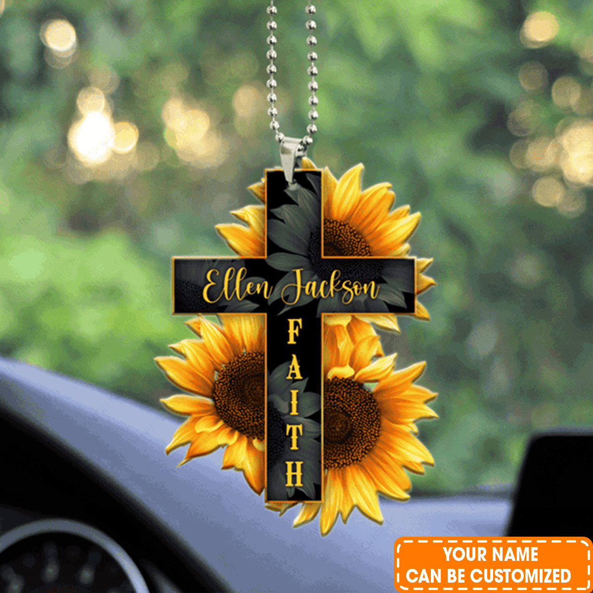 Personalized Faith Cross Sunflower Acrylic Car Ornament, Perfect Christmas Gift For Family, Friend