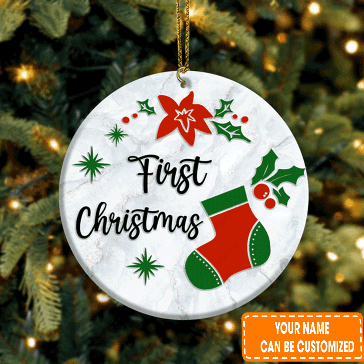 Personalized First Christmas Sock Poinsettia Floral Circle Ceramic Ornament For 1st Christmas Daughter, Son