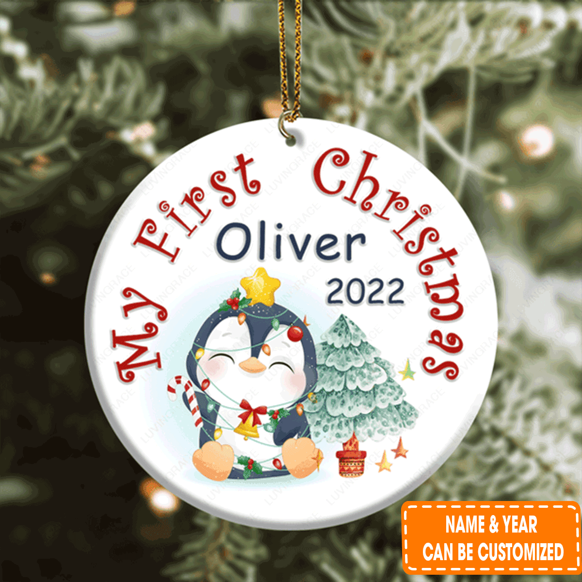 Personalized Baby Penguin First Christmas Circle Ceramic Ornament For 1st Christmas Daughter And Son