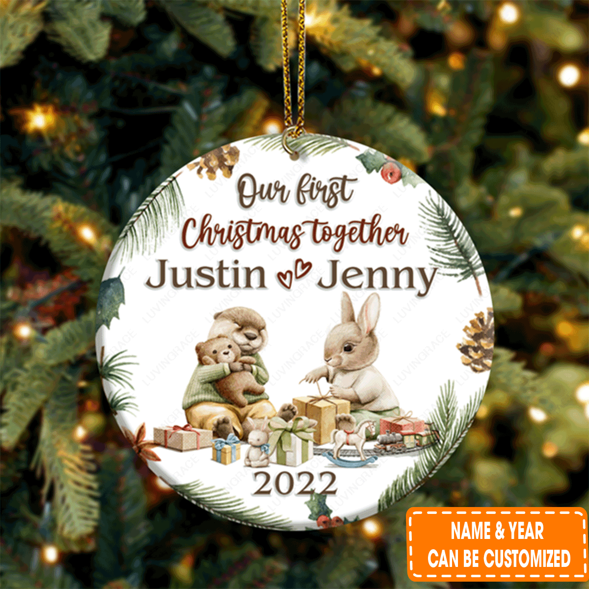 Personalized Bunny And Otter Couple Pine Floral Our First Christmas Circle Ceramic Ornament For 1st Christmas