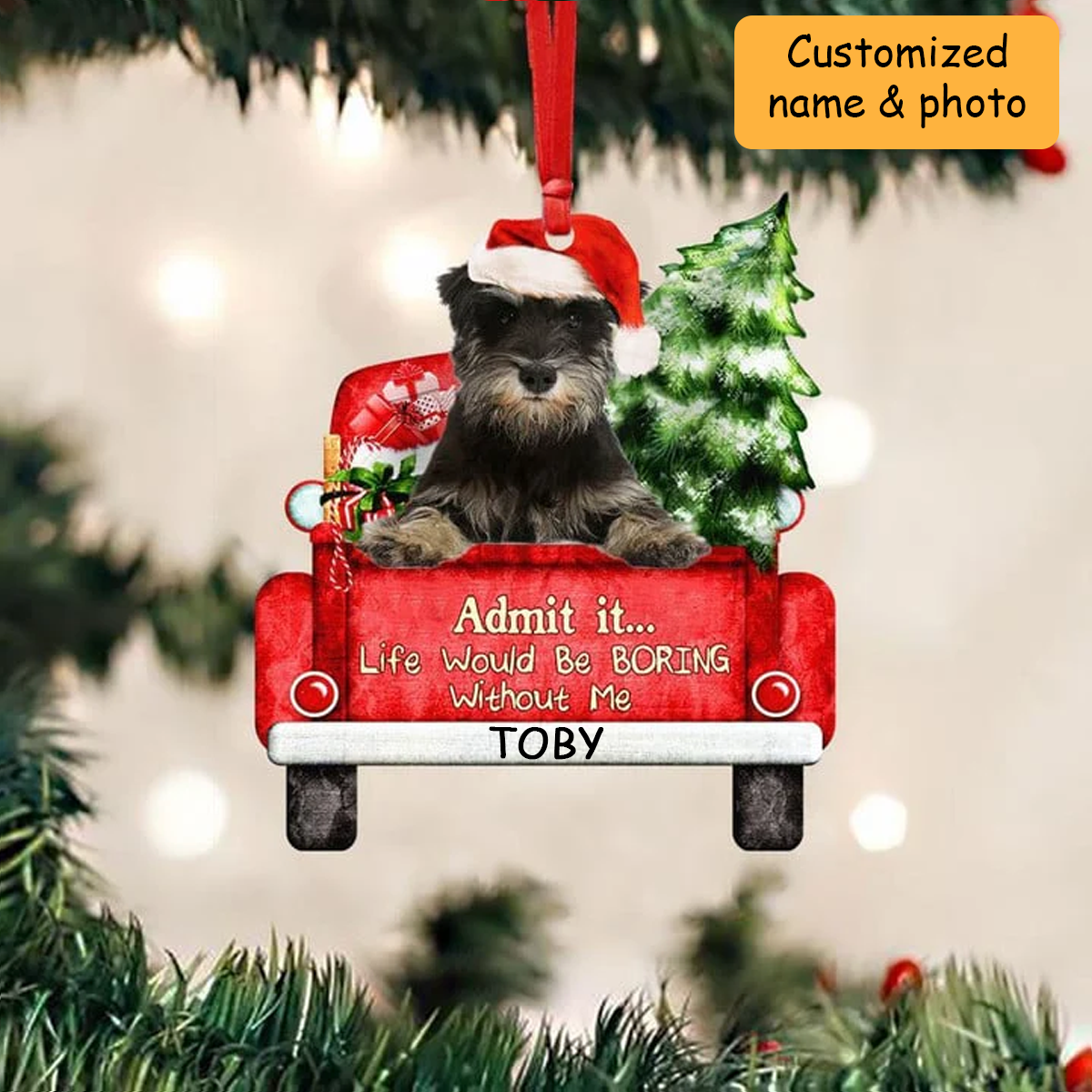 Customized Miniature-Schnauzer Dog On The Red Truck Acrylic Christmas Ornament, Christmas Gift For Dog Lovers, Dog Owners