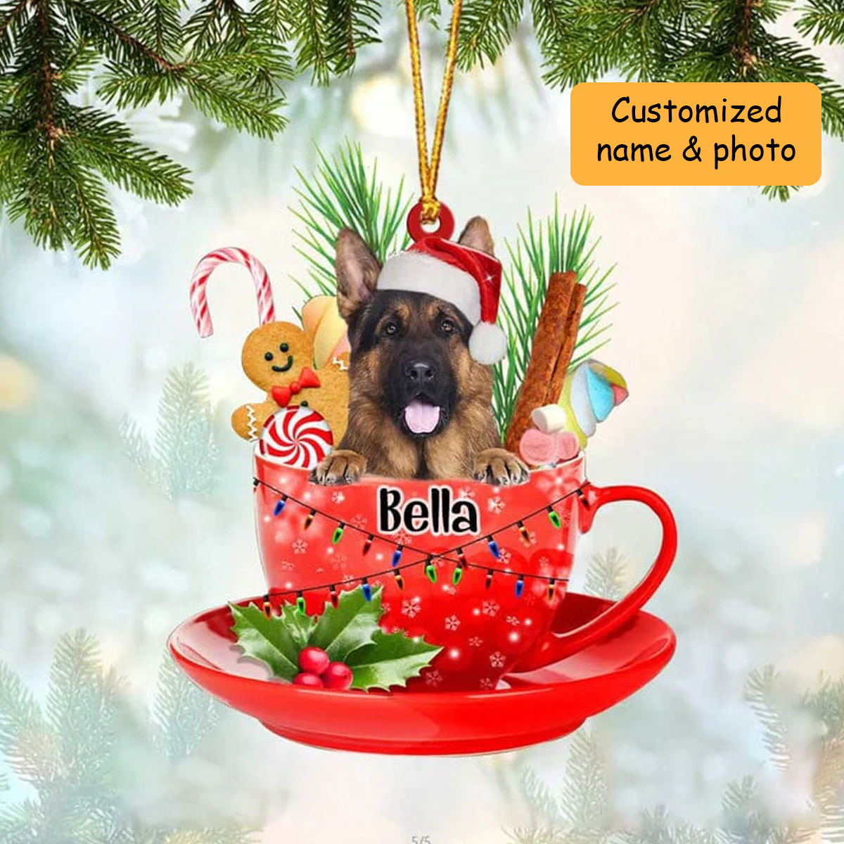 Customized German Shepherd Dog Santa Hat In Red Cup Acrylic Ornament, Personalized Ornament Gifts For Christmas Dog Mom