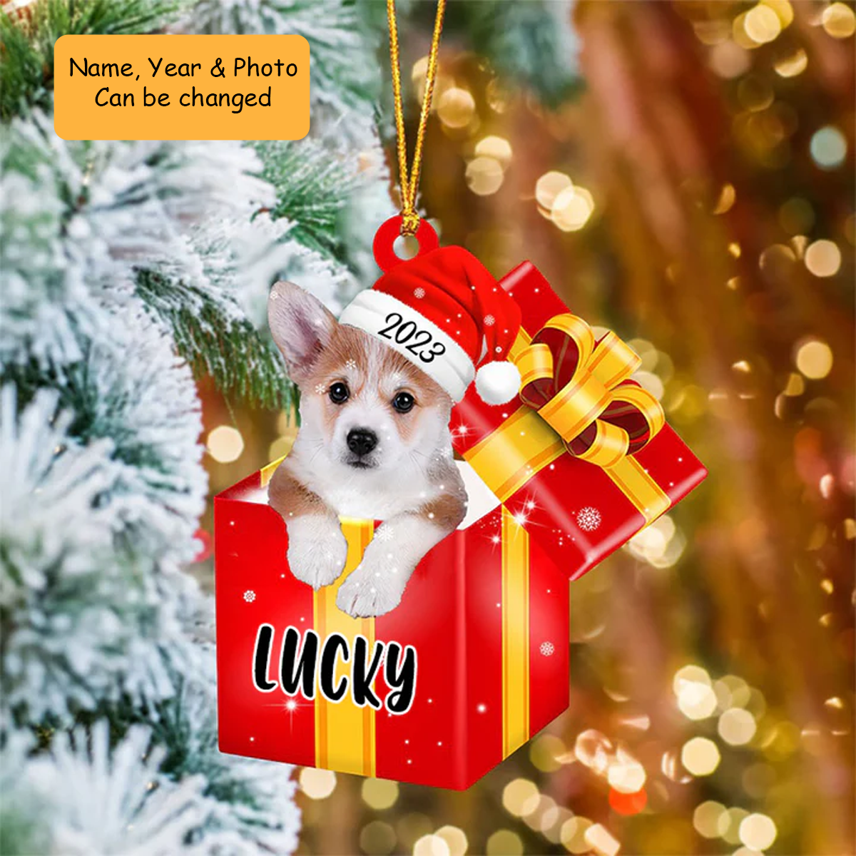 Customized Corgi Dog In Red Gift Box Acrylic Ornament, Personalized Ornament Gifts For Christmas Dog Mom