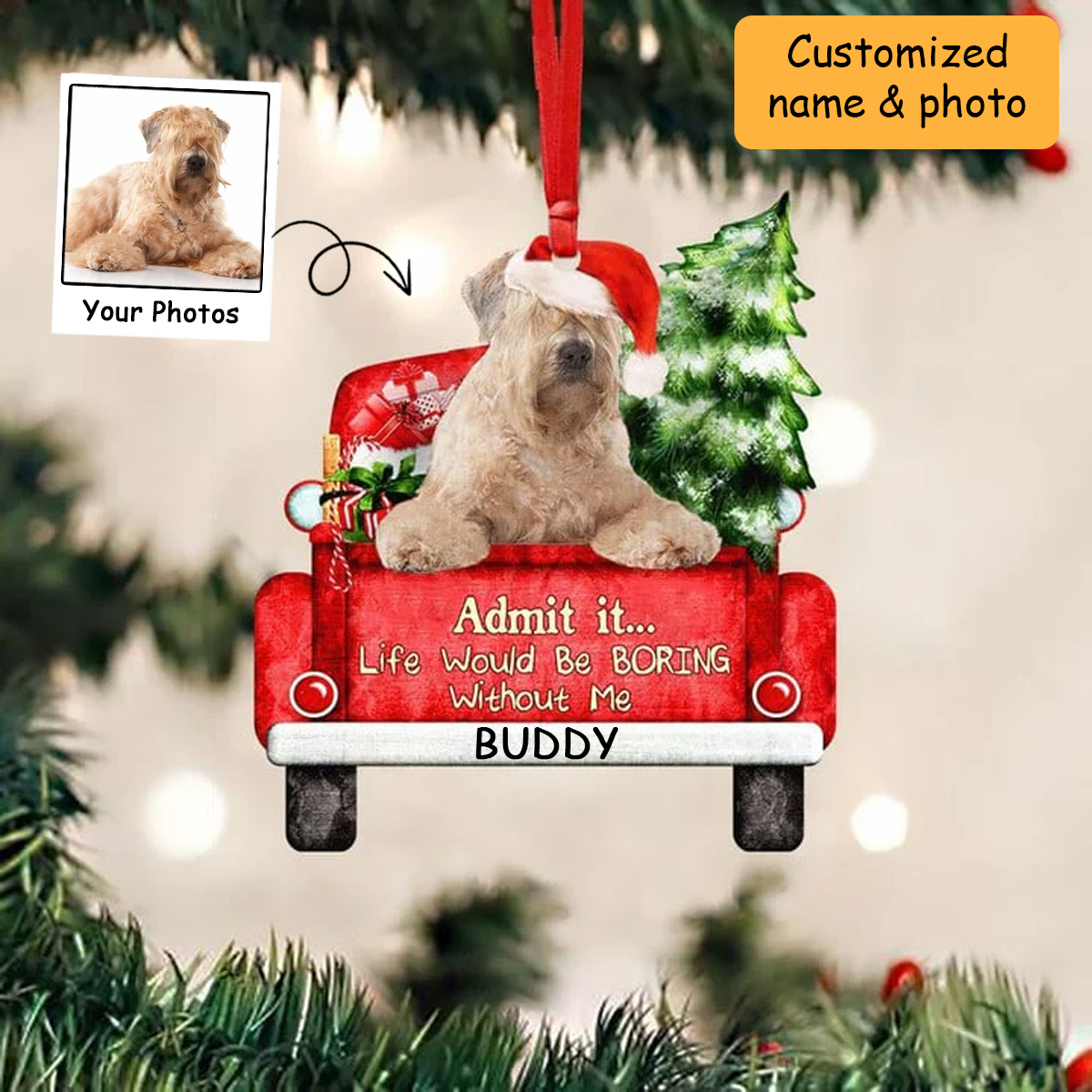 Customized Soft Coated Wheaten Terrier Dog On The Red Truck Acrylic Christmas Ornament, Christmas Gift For Dog Lovers, Dog Owners