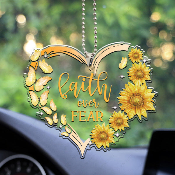Butterfly Heart Sunflower Faith Over Fear Acrylic Car Ornament, Perfect Christmas Gift For Family, Friends