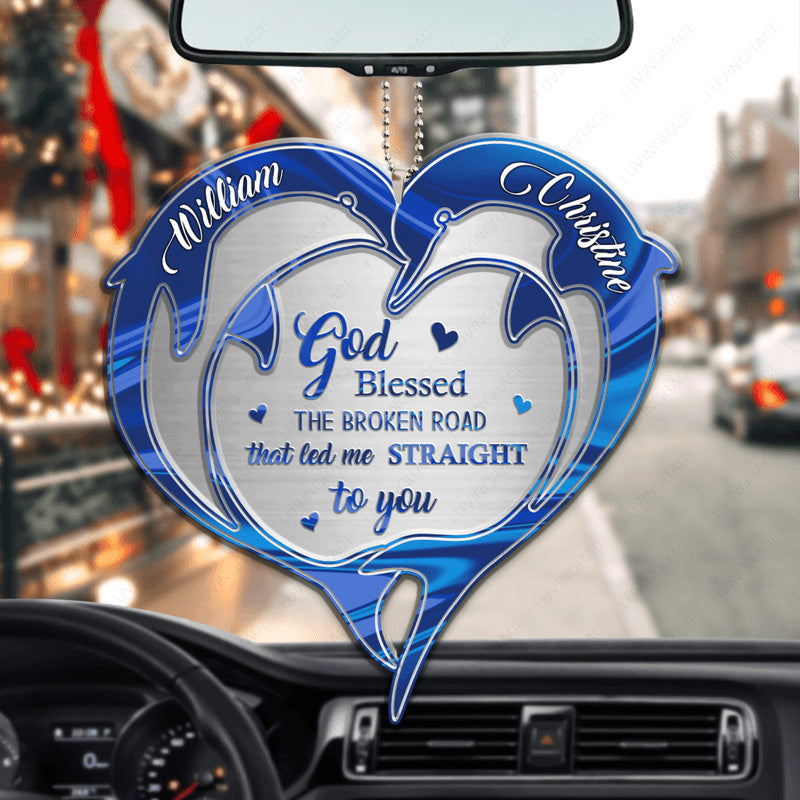 Custom Couple Name Hologram Lovely Dolphins God Blessed Acrylic Car Ornament, Perfect Christmas Gift For Couple
