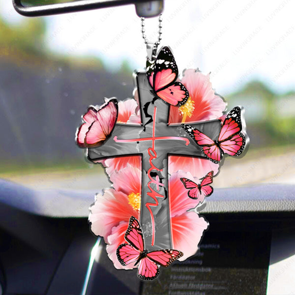 Hibicus Cross Faith Butterfly Acrylic Car Ornament, Perfect Christmas Gift For Family, Friends