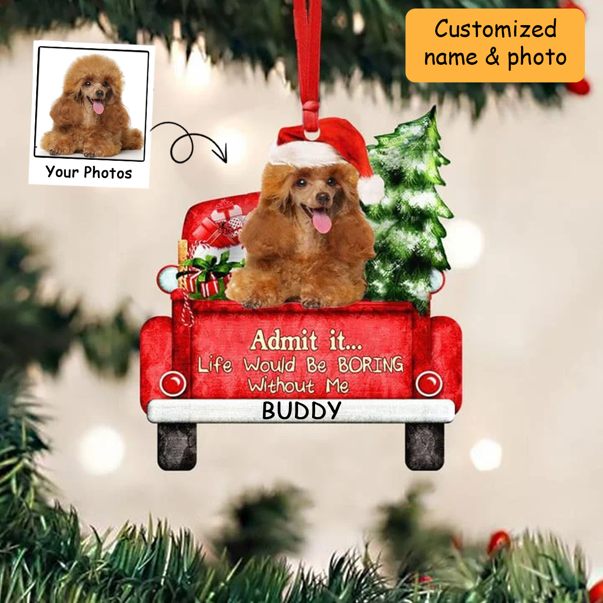 Customized Toy Poodle Dog On The Red Truck Acrylic Christmas Ornament, Christmas Gift For Dog Lovers, Dog Owners