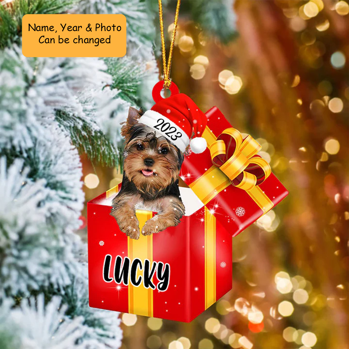 Customized Yorkshire Terrier Dog In Red Gift Box Acrylic Ornament, Personalized Ornament Gifts For Christmas Dog Mom