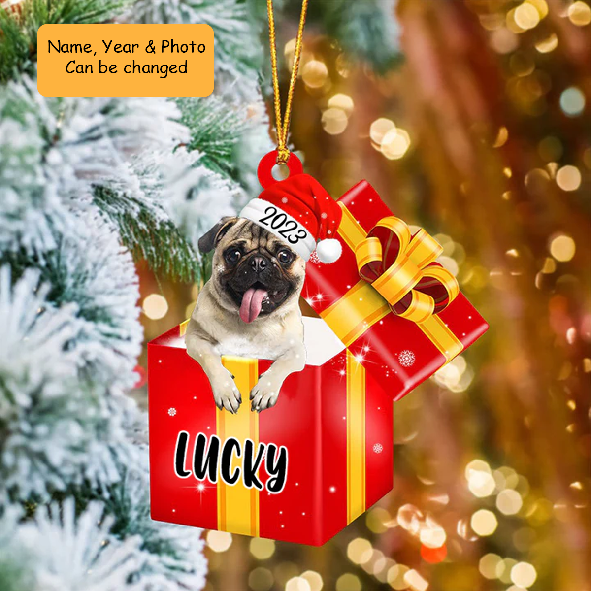 Customized Pug In Red Gift Box Acrylic Ornament, Personalized Ornament Gifts For Christmas Dog Mom