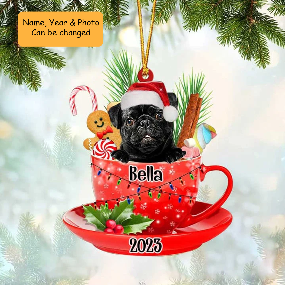 Customized Black Pug Dog In Cup Acrylic Ornament, Personalized Ornament Gifts For Christmas Dog Mom