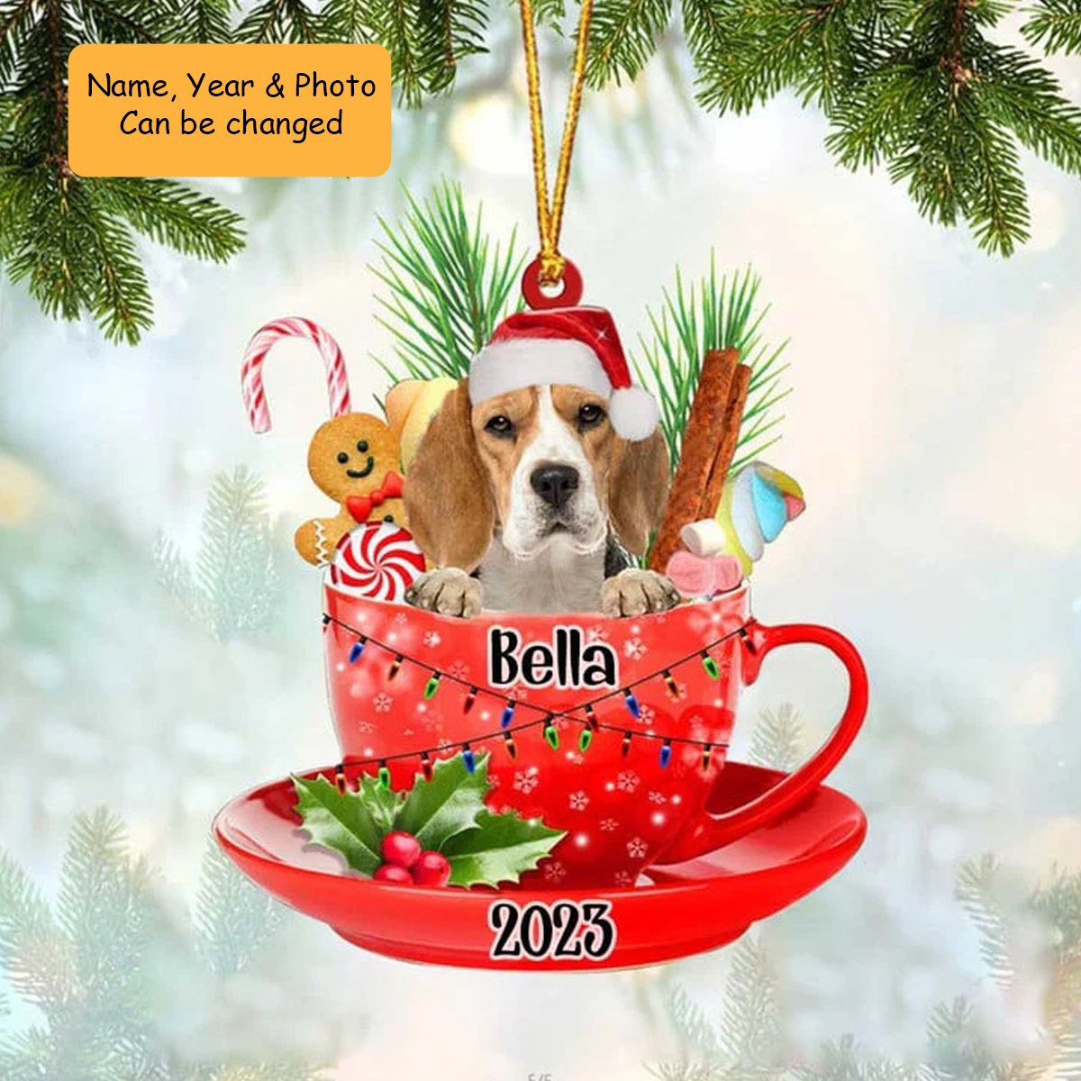 Customized Beagle Dog In Cup Acrylic Ornament, Personalized Ornament Gifts For Christmas Dog Mom