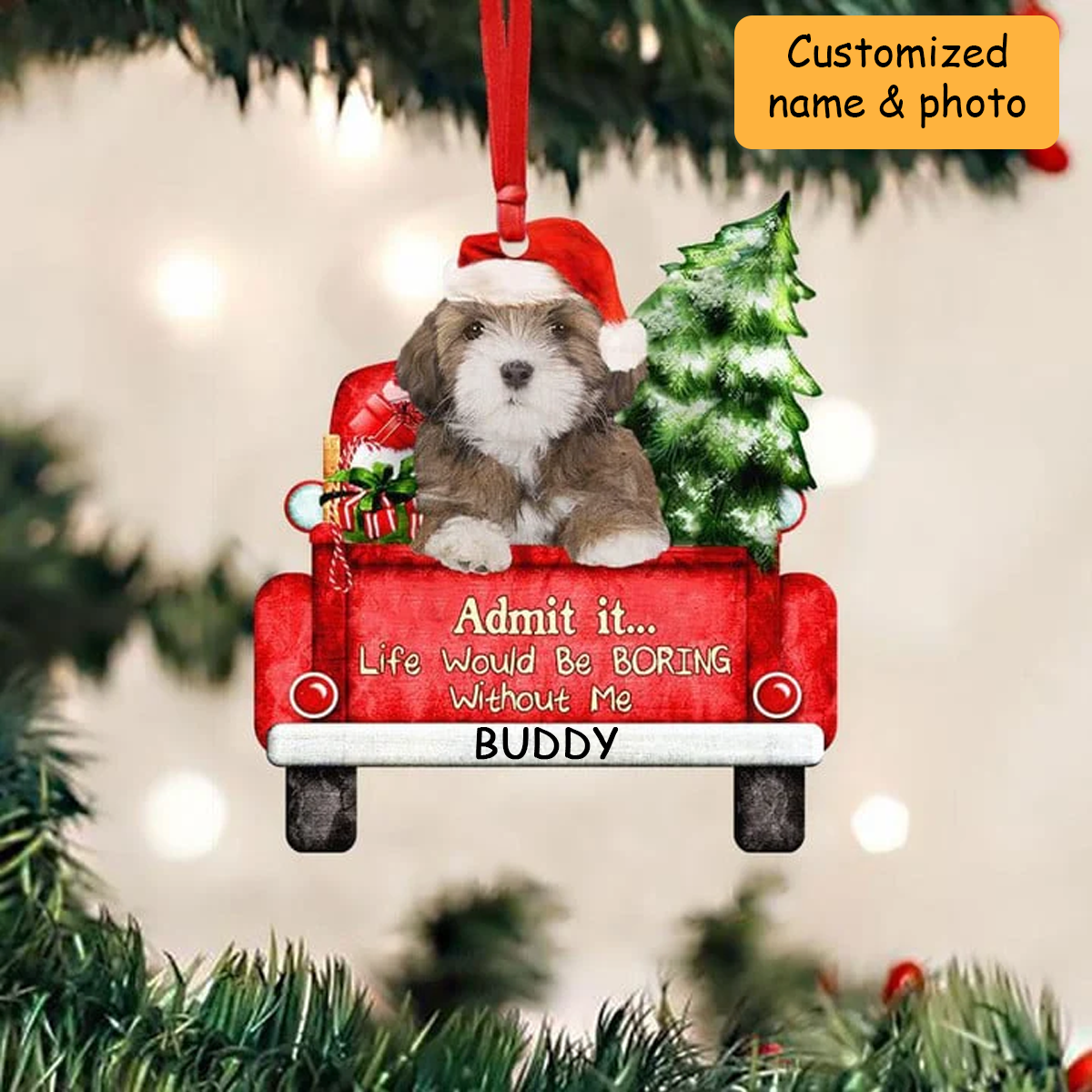 Customized Lhasa Apso Dog On The Red Truck Acrylic Christmas Ornament, Christmas Gift For Dog Lovers, Dog Owners