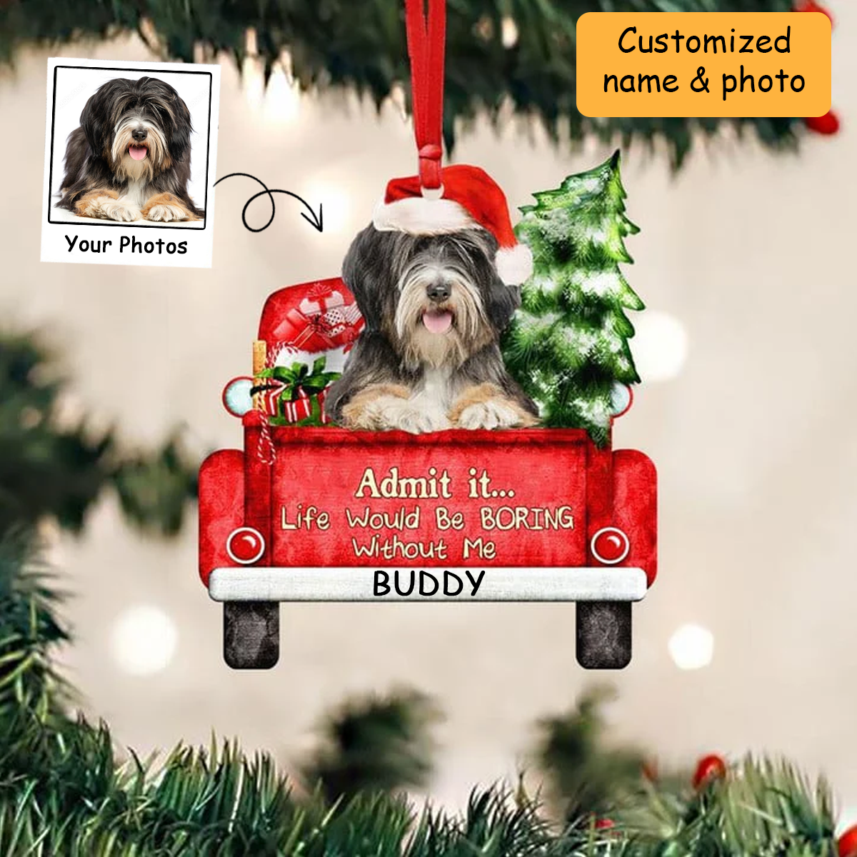 Customized Tibetan Terrier Dog On The Red Truck Acrylic Christmas Ornament, Christmas Gift For Dog Lovers, Dog Owners
