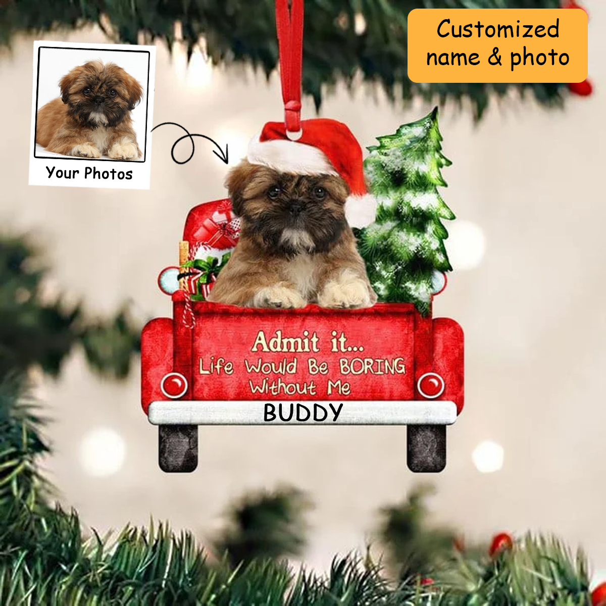 Customized Shih-Tzu Dog On The Red Truck Acrylic Christmas Ornament, Christmas Gift For Dog Lovers, Dog Owners